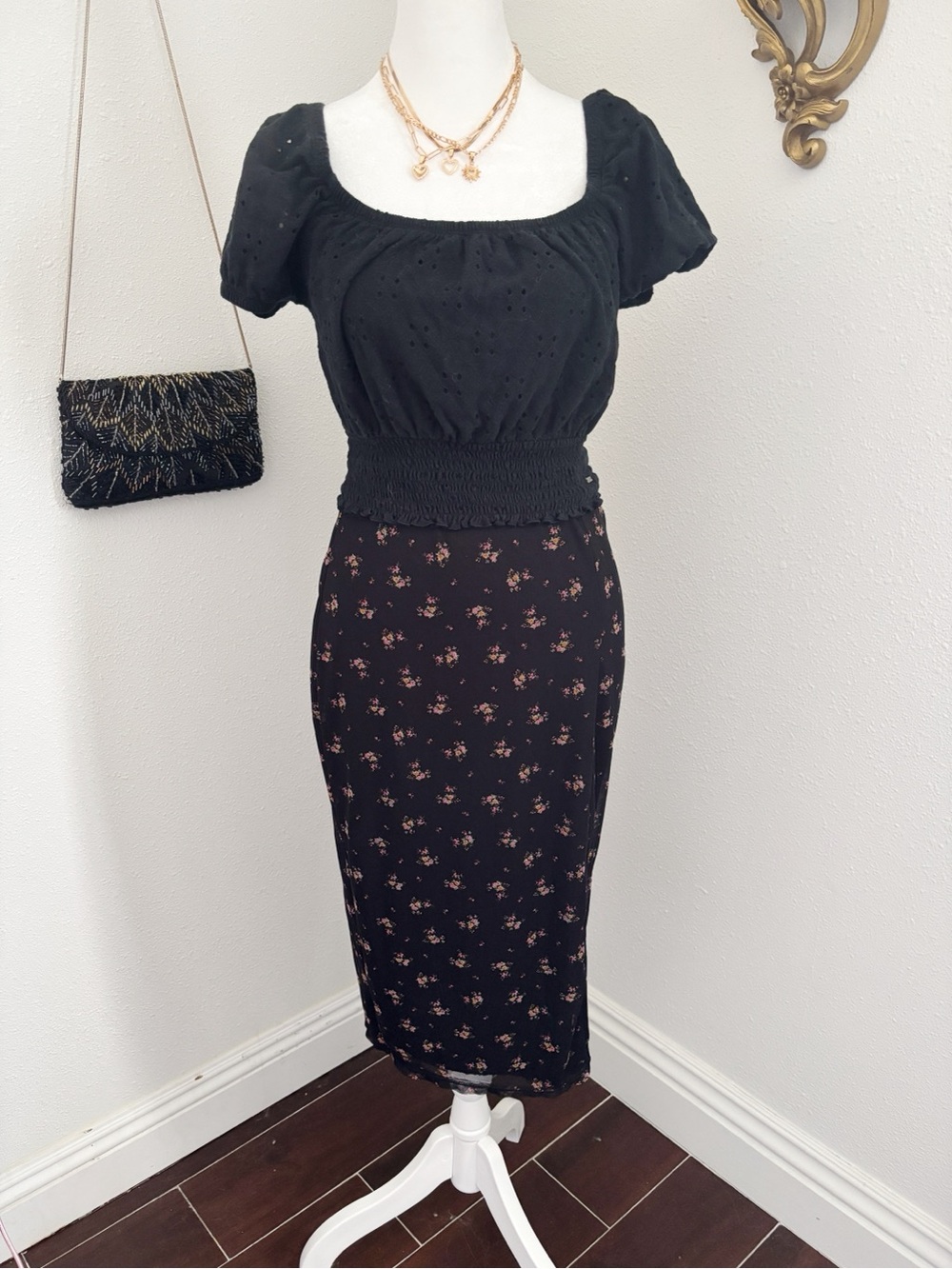 Black Whimsigoth midi skirt with ditsy floral print sheer mesh overlay Medium
